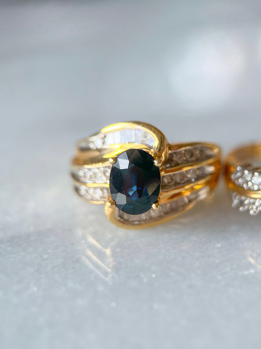 Vintage Natural Sapphire and Natural Diamond 14k Yellow Gold Rings