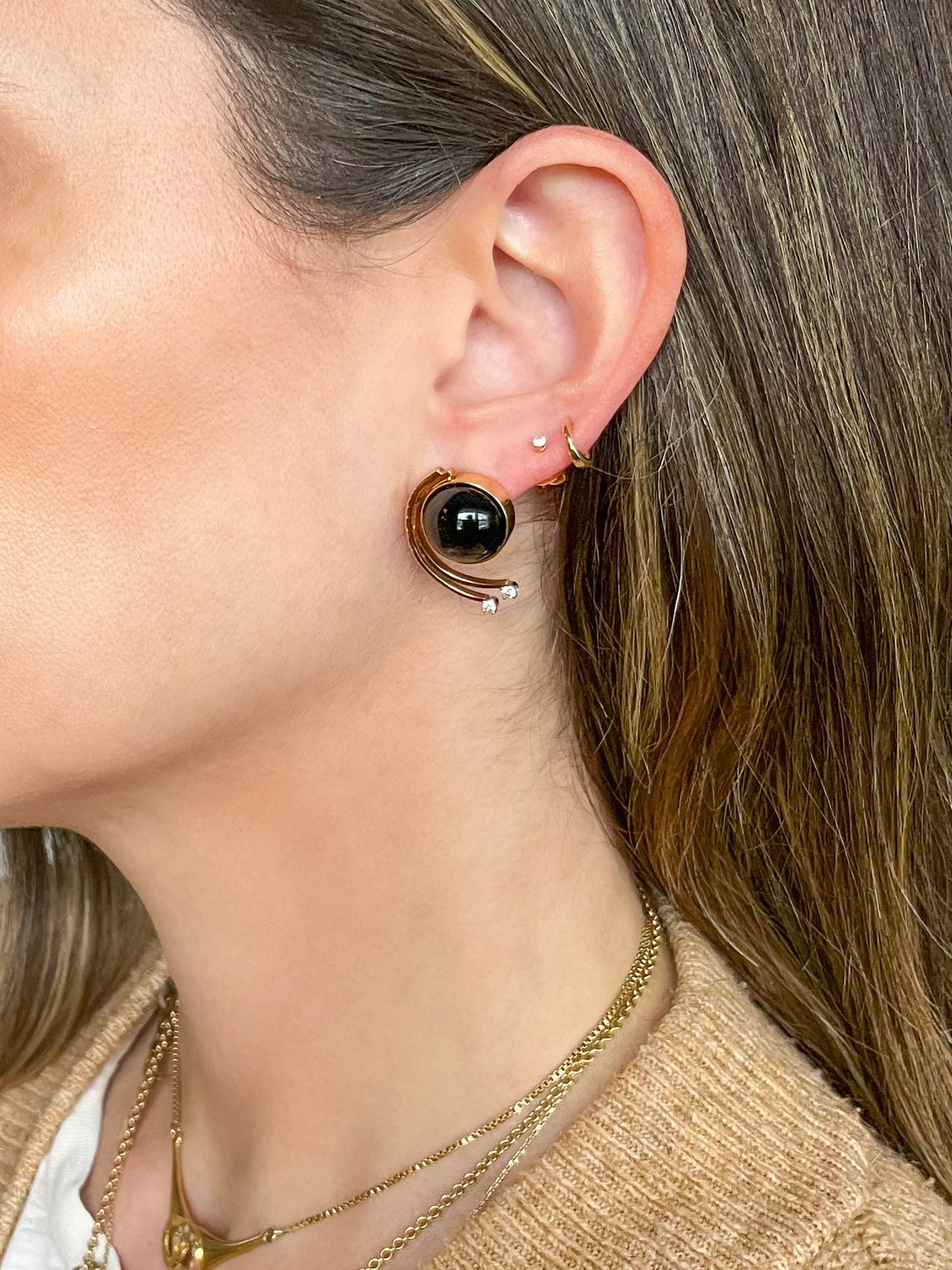 Vintage Onyx and Natural Diamond 14k Yellow Gold Large Stud Earrings, circa 1980s