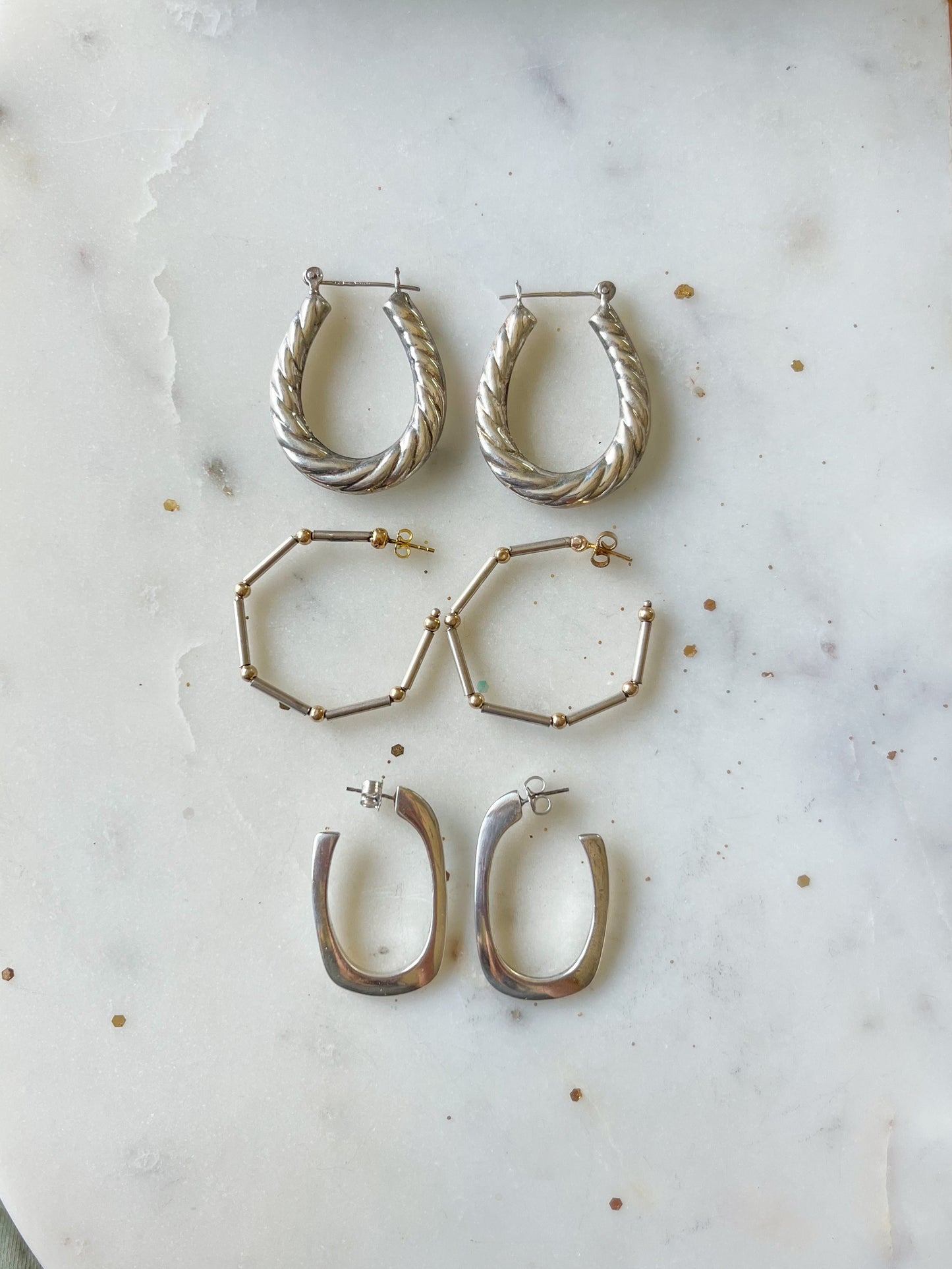Vintage Sterling Silver Large Hoops with 14k Yellow Gold Balls, Circa 1970s