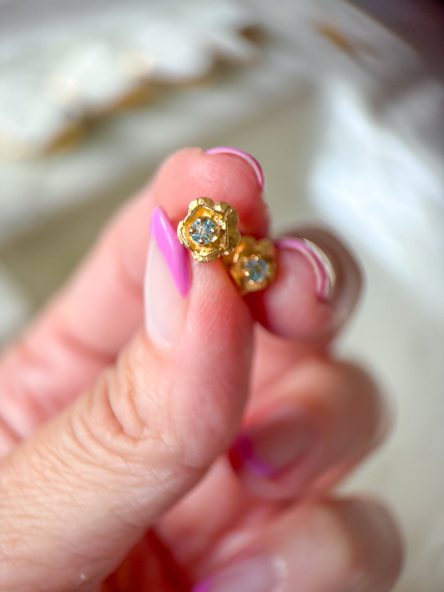 Vintage Rose Studs with Natural Aquamarine 14k Yellow Gold Earrings