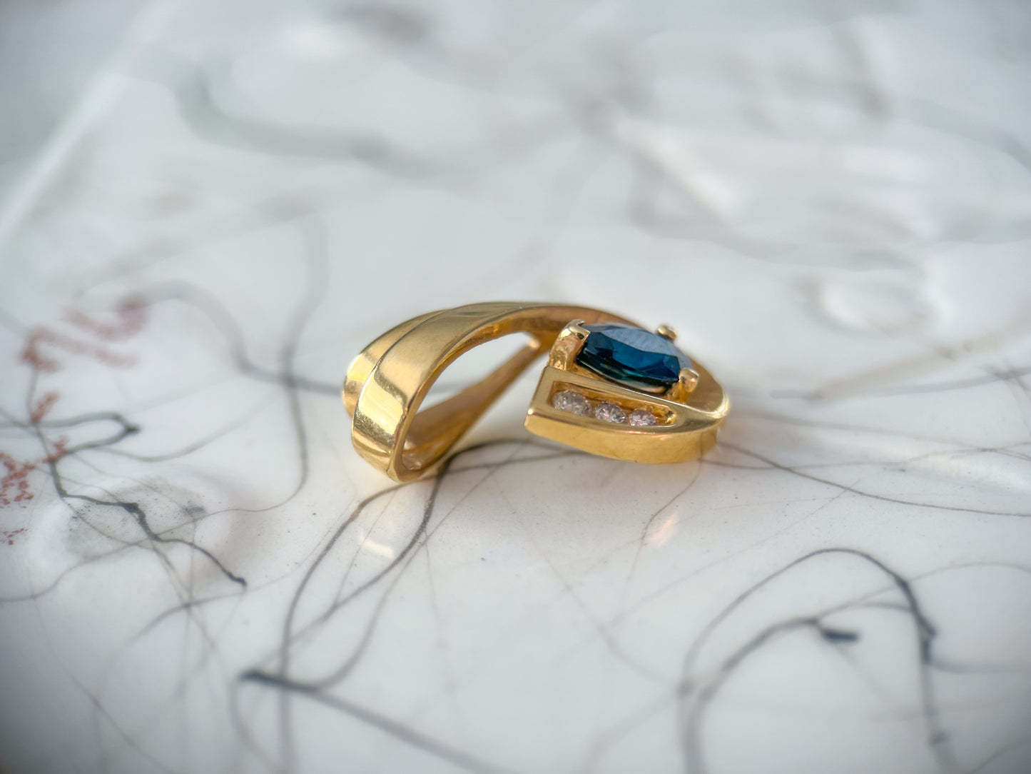 Vintage Natural Pear Shaped Sapphire and Diamond Slider 14k Yellow Gold Charm