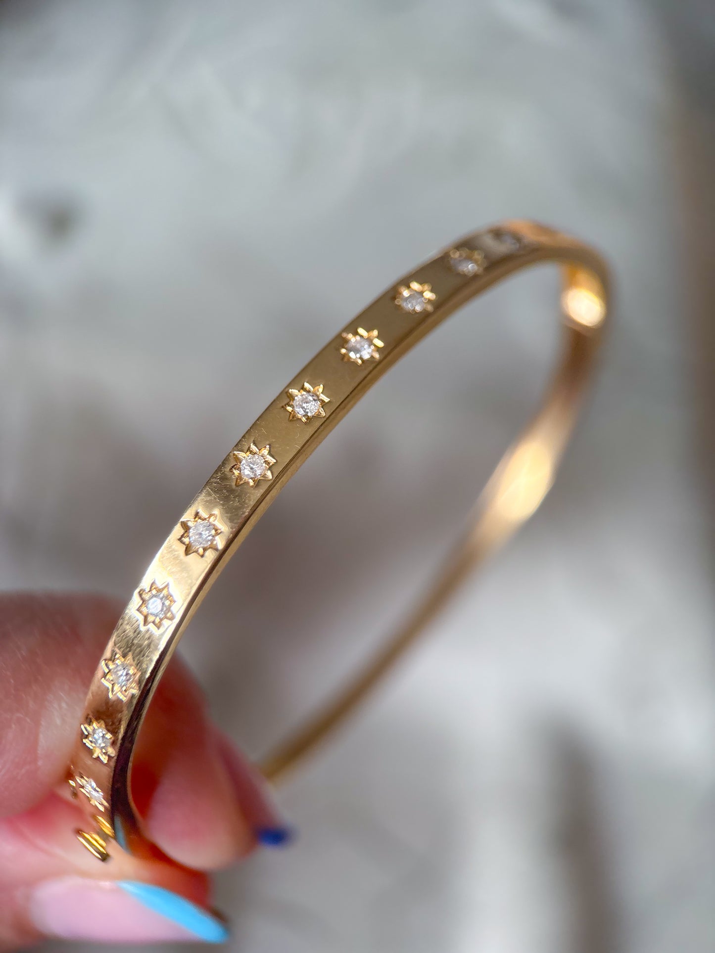 Natural Diamond Starburst 14k Yellow Gold 6 Inch Bangle