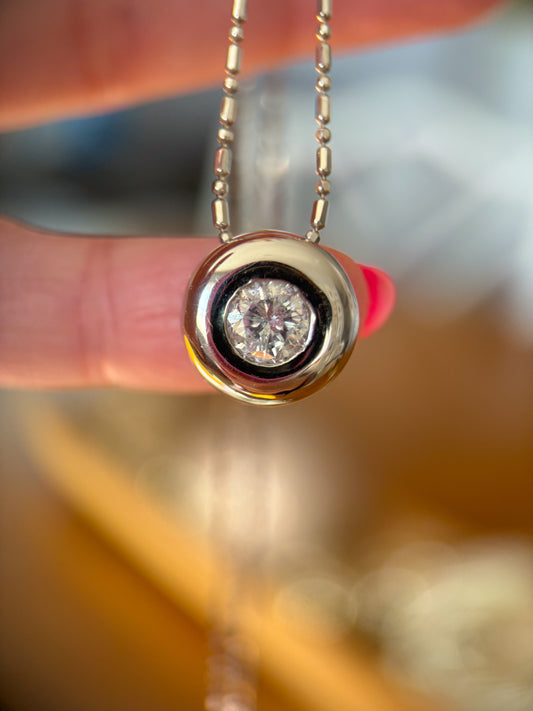 Vintage Bezel Set Natural Diamond Pendant 14k White Gold Charm with Ball Chain