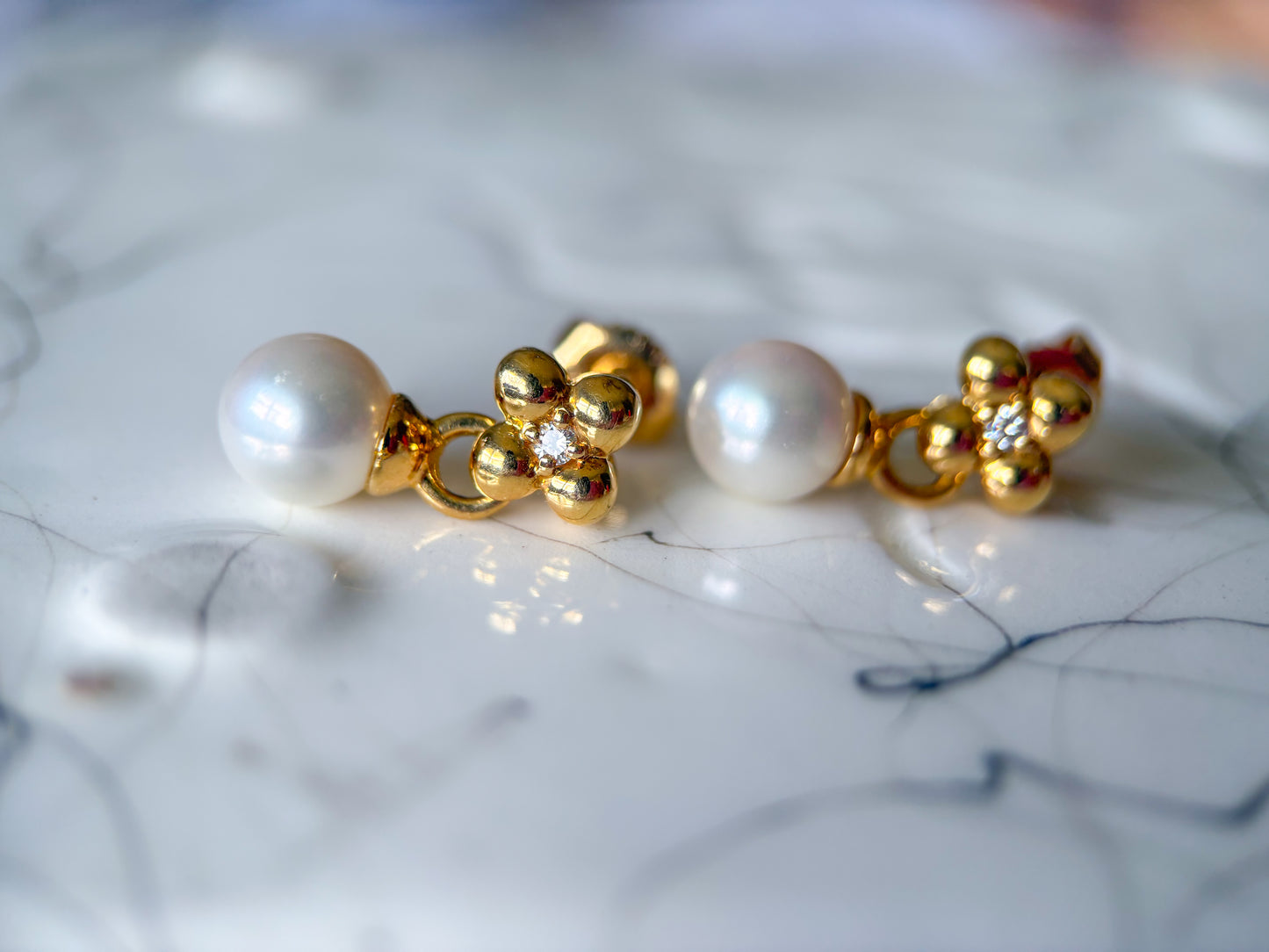 Vintage Natural Diamond and Pearl 18k Yellow Gold Drop Earrings