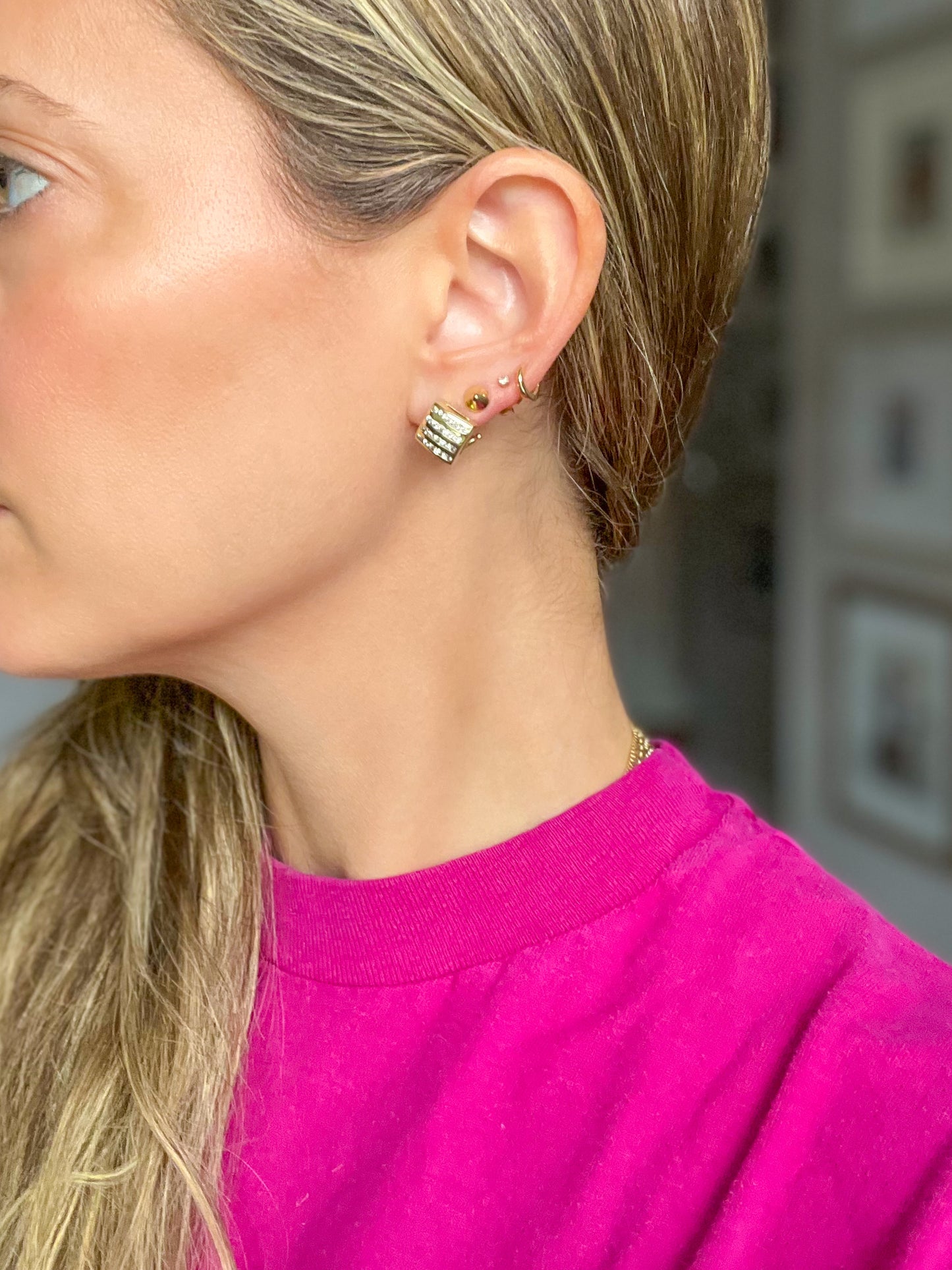 Vintage Square Natural Diamond 14k Yellow Gold Stud Earrings