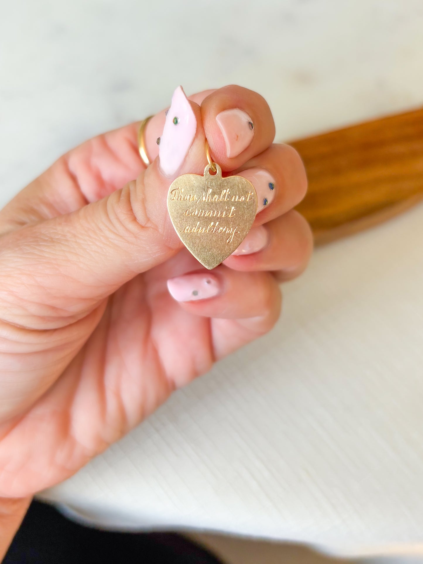 Vintage Engine Turned Heart 14k Yellow Gold Charm, Engraved: "Thou Shall Not Commit Adultery"