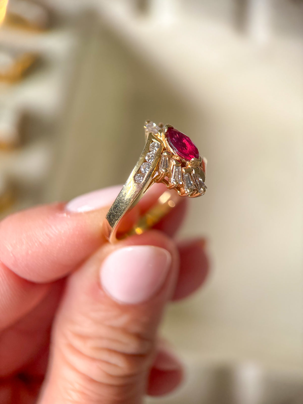 Vintage Marquise Shaped Natural Ruby and Natural Diamond 14k Yellow Gold Ring