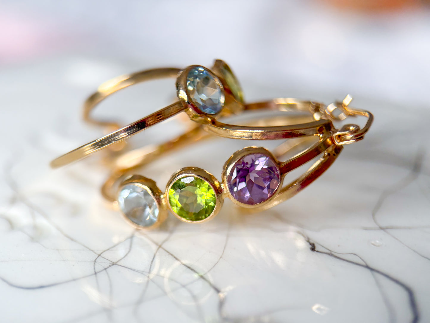 Vintage 3 Stone CZ 14k Yellow Gold Triple Hoop Earrings