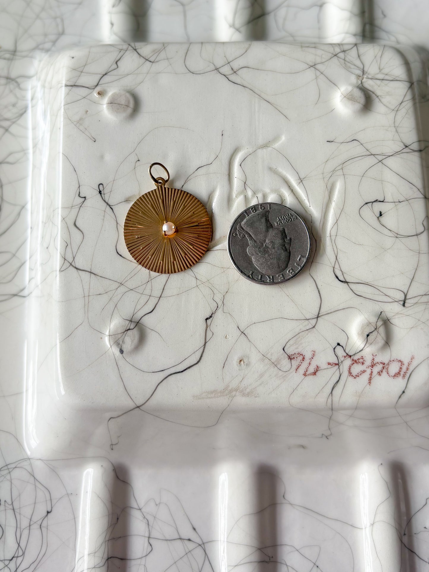 Vintage Engine Turned Disk with Pearl 14k Yellow Gold Charm