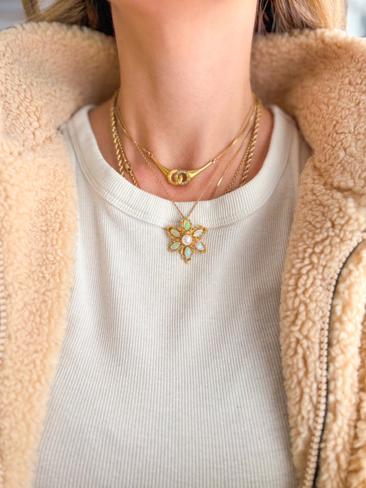Vintage Opal Flower 14k Yellow Gold Pin and Pendant
