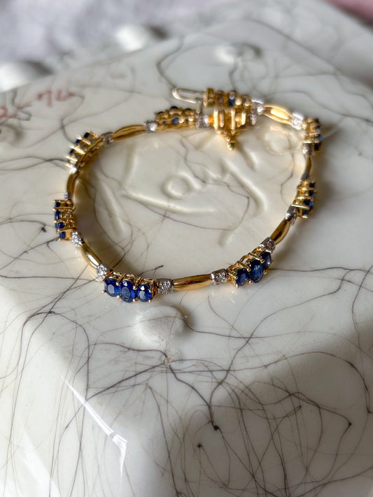 Vintage Natural Sapphire and Diamond 14k Yellow Gold Tennis Bracelet