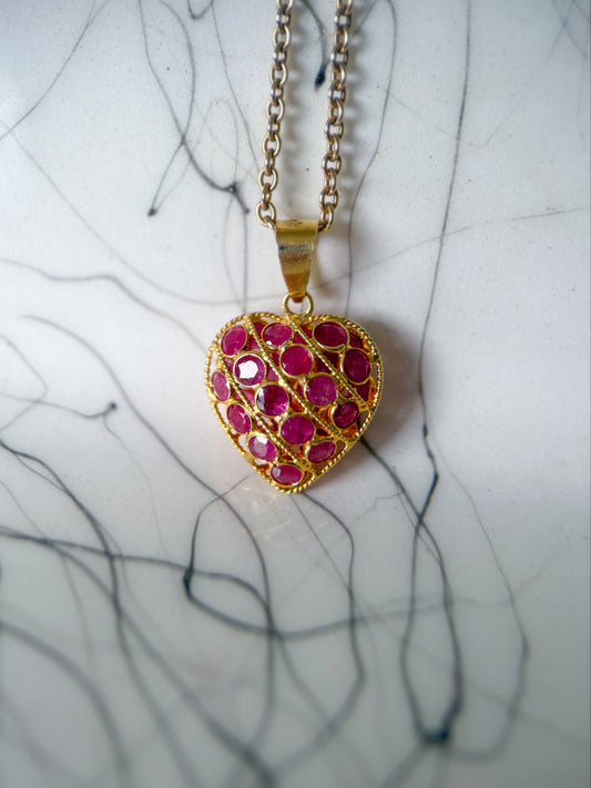 Vintage Natural Ruby Puffy Heart 18k Yellow Gold Charm, Circa 1990's