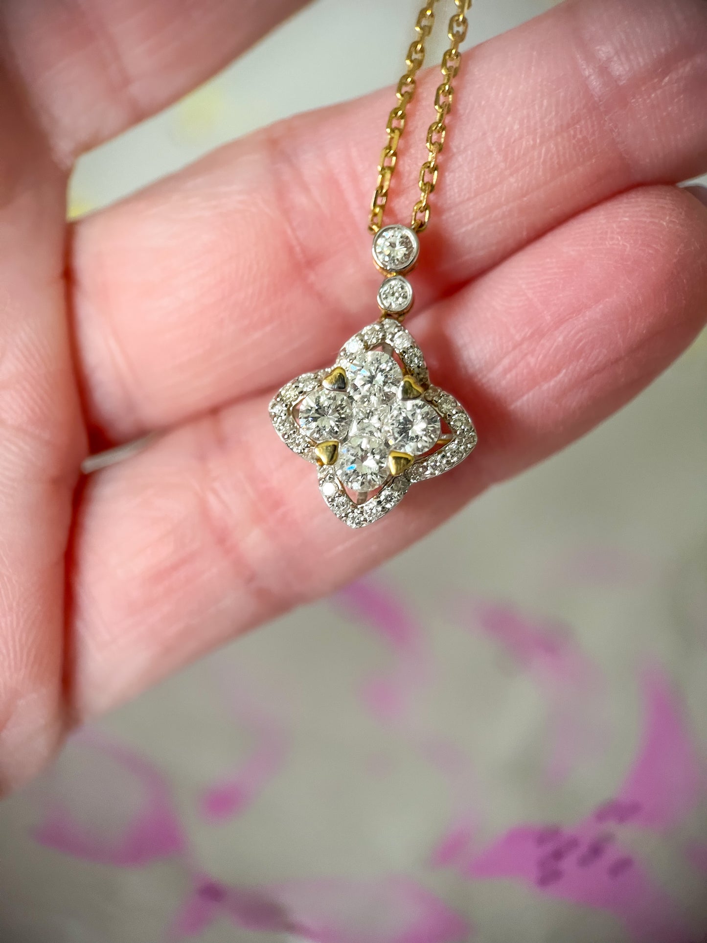Natural Diamond Clover 18k Yellow Gold Charm with Chain