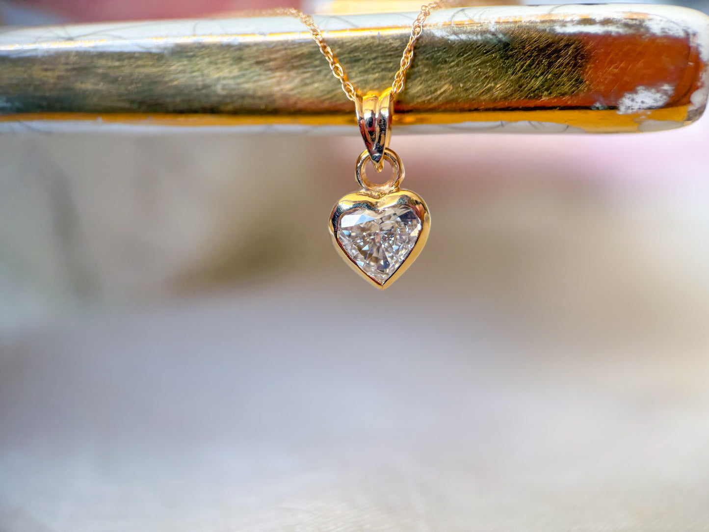 Vintage Bezel Set Natural Heart Shaped Diamond with 14k Yellow Gold Chain