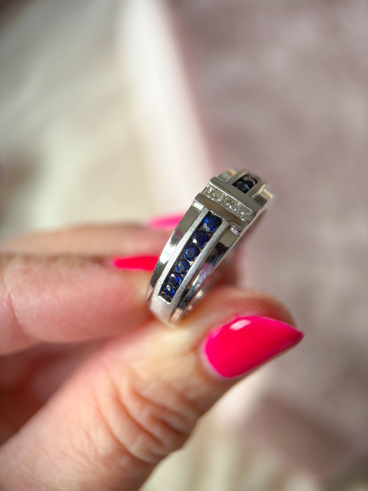 Vintage Natural Sapphire and Diamond 10k White Gold Men's Ring