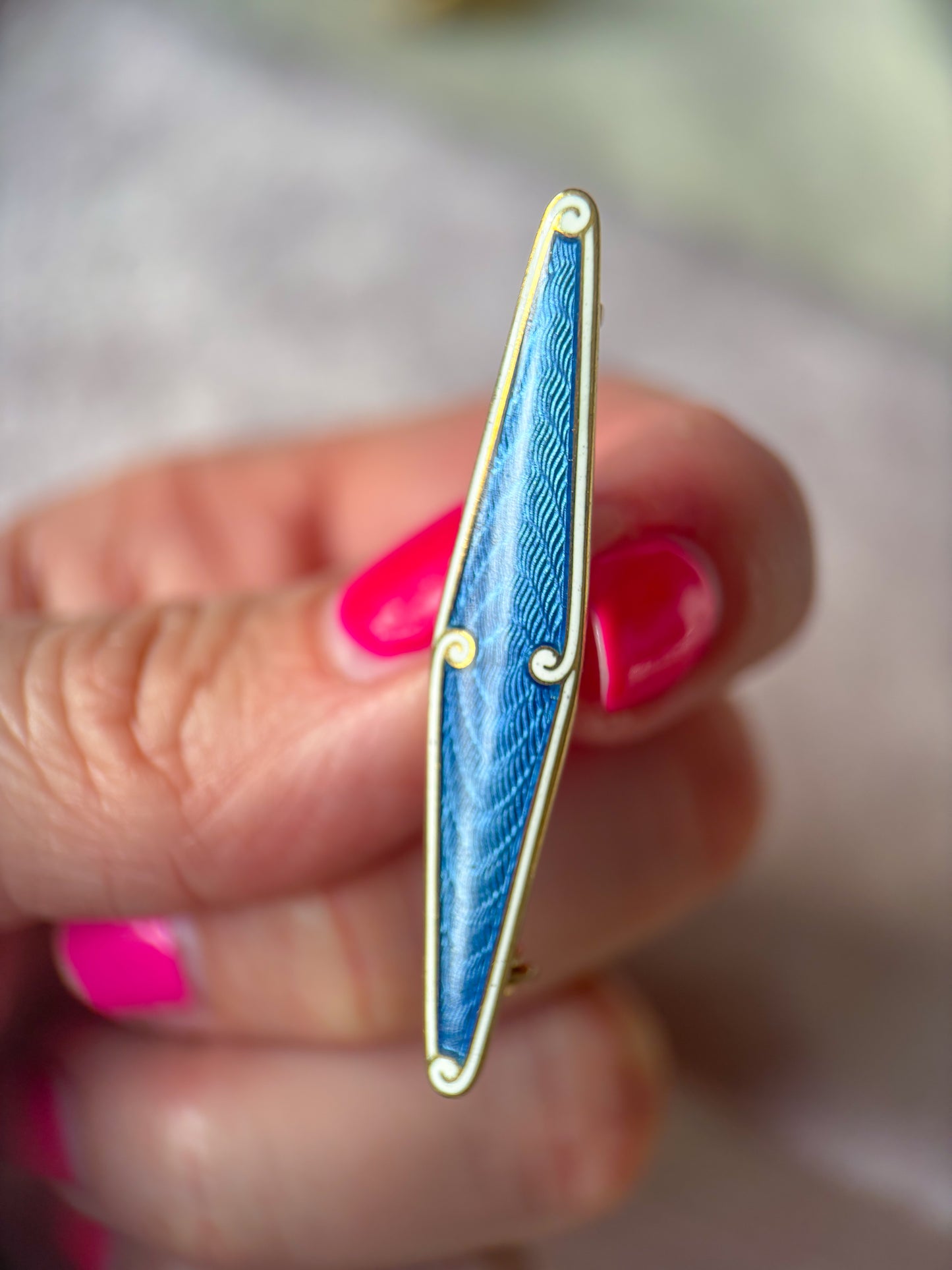 Vintage Guilloche Enamel 14k Yellow Gold Pin, Circa 1960s