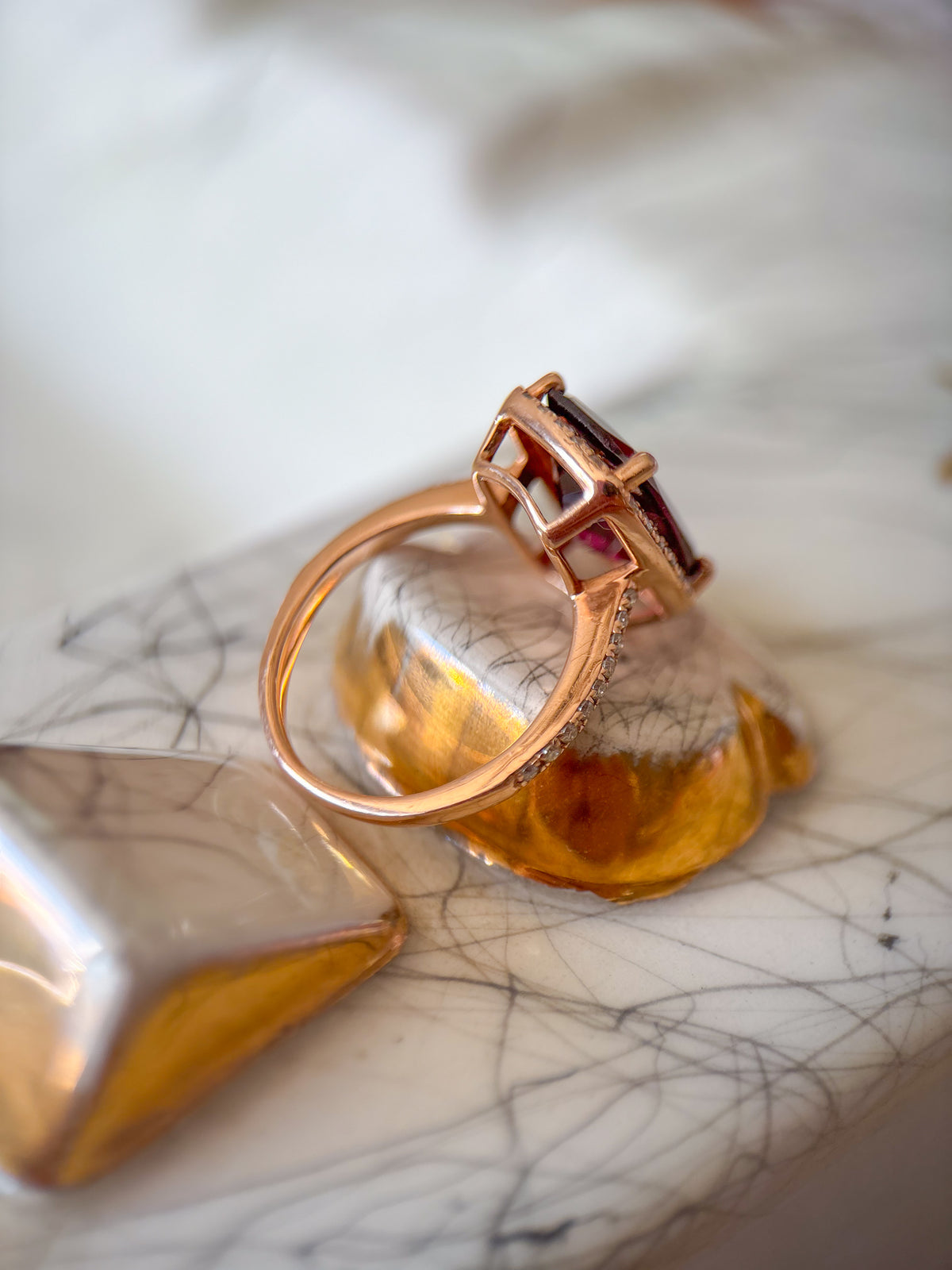 Vintage 14k Rose Gold Natural Rhodolite and Diamond Ring