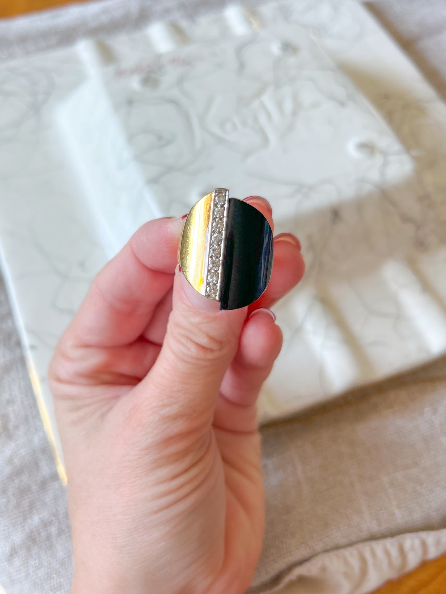 Vintage Onyx and Natural Diamond 18k White and Yellow Gold Ring, circa 1960s