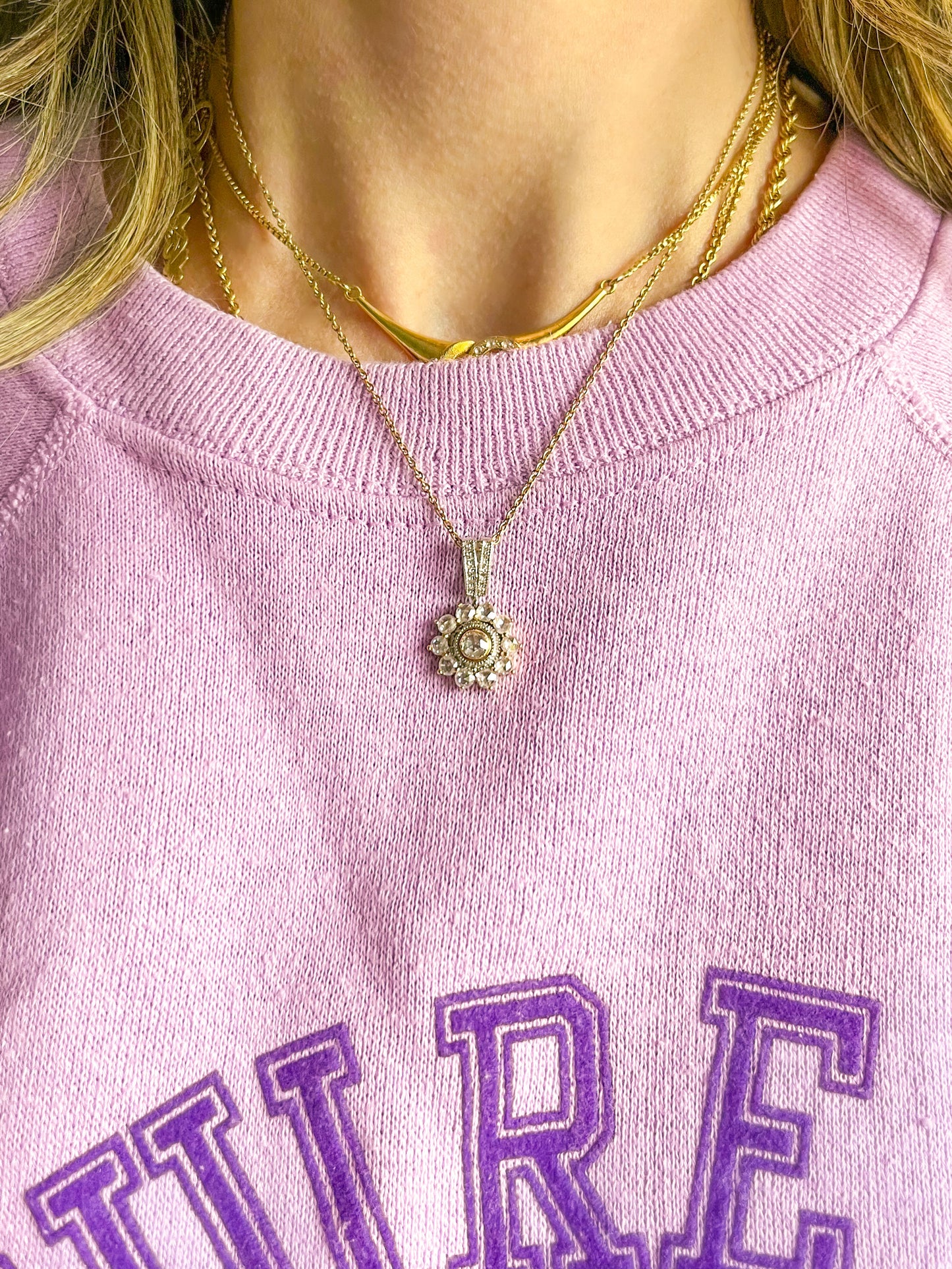 Vintage Natural Diamond Rose Cut Light Pink 14k Rose and White Gold Pendant Charm