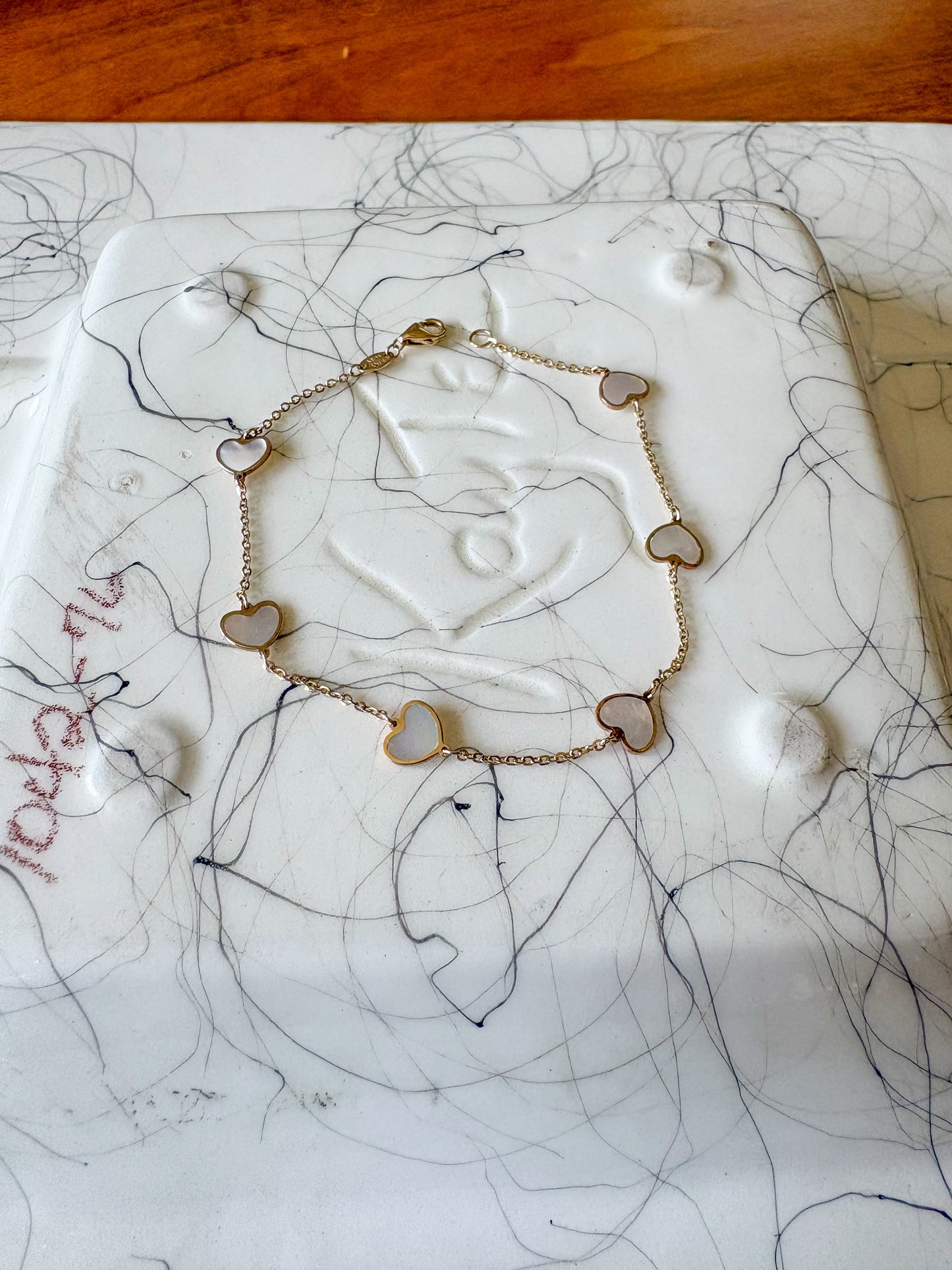 Heart Mother of Pearl 14k Yellow Gold 7 Inch Bracelet