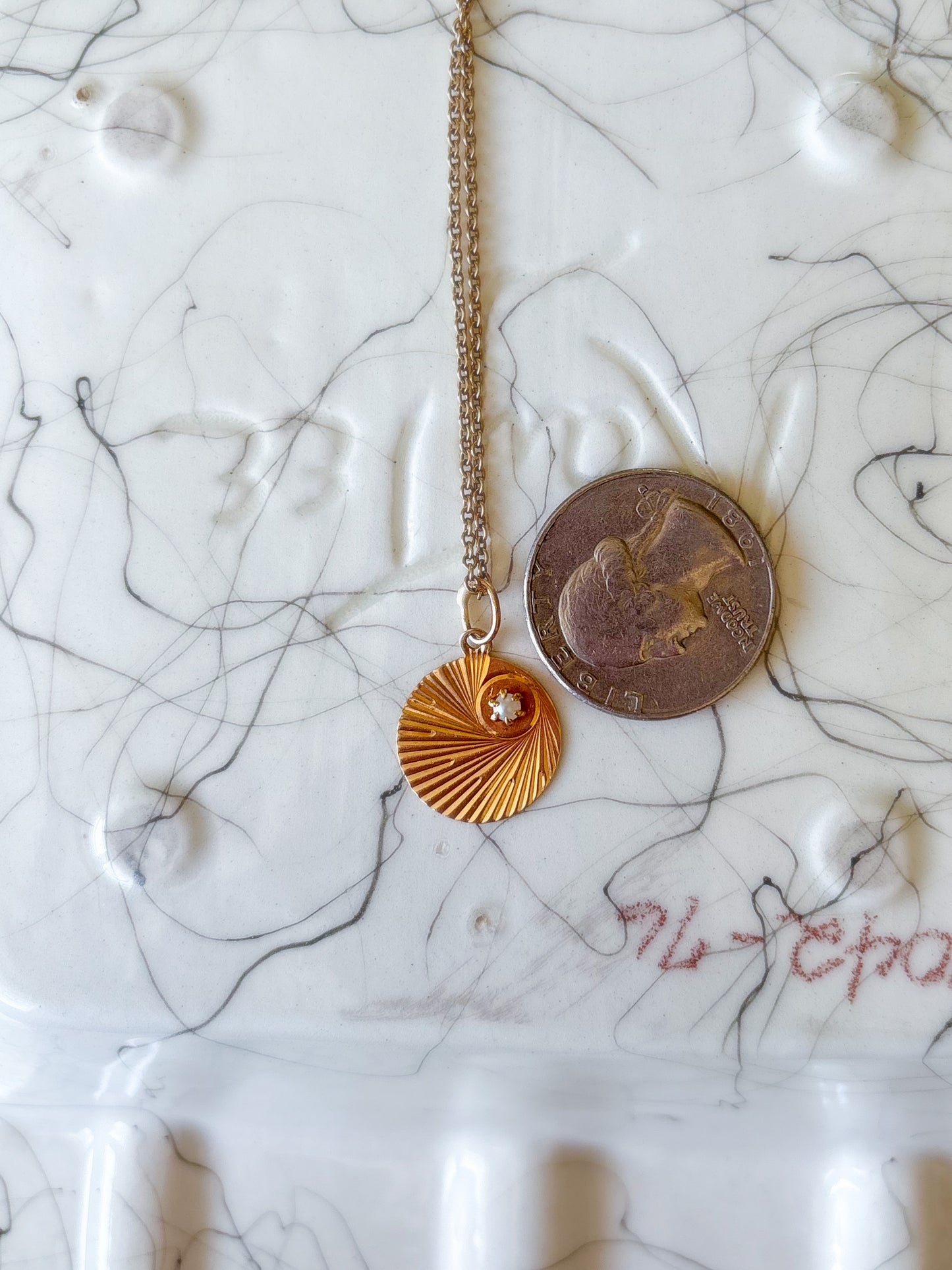 Vintage Engine Turned Circle 14k Yellow Gold Charm with Pearl