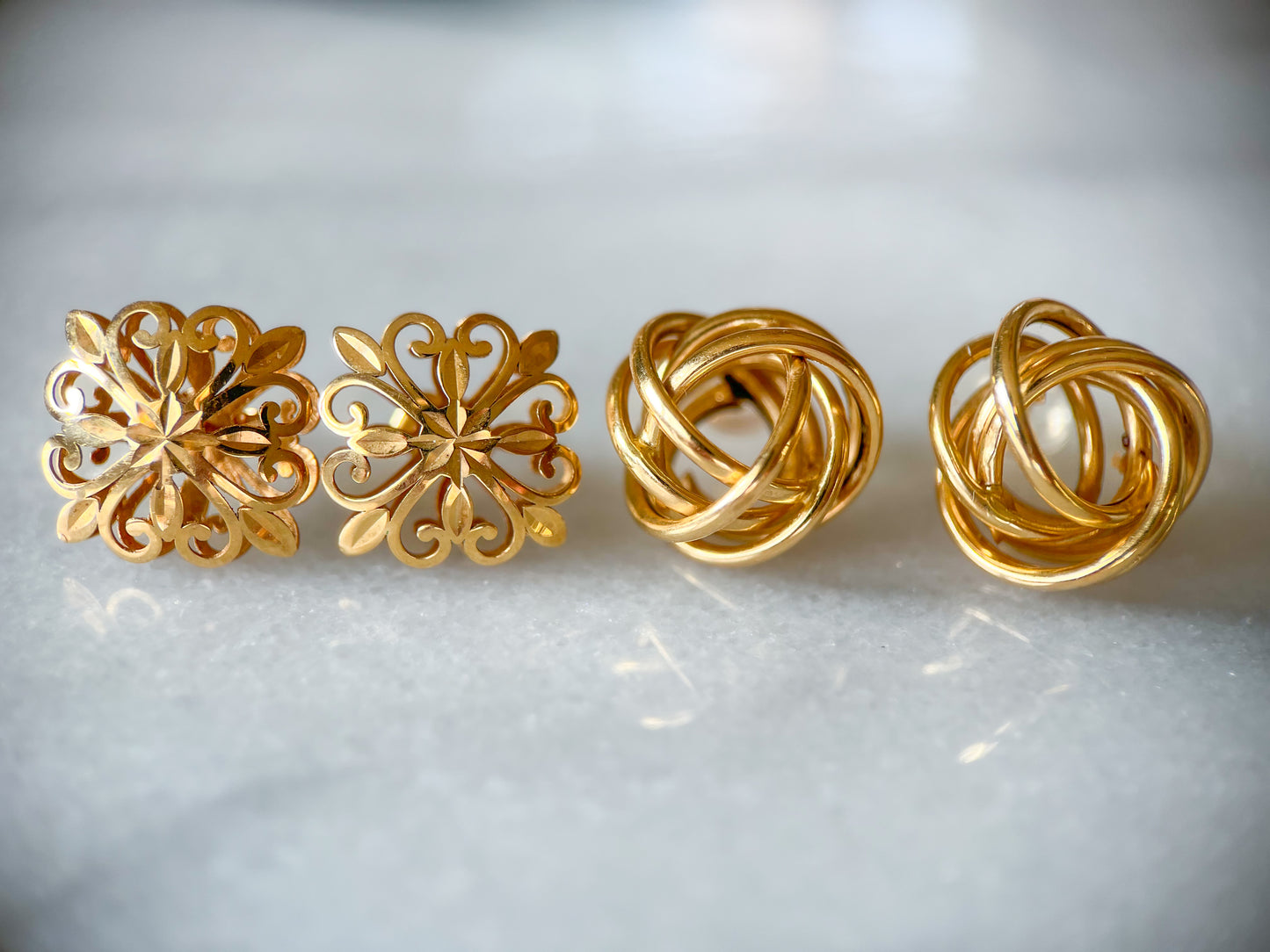 Vintage Square Floral 14k Yellow Gold Stud Earrings