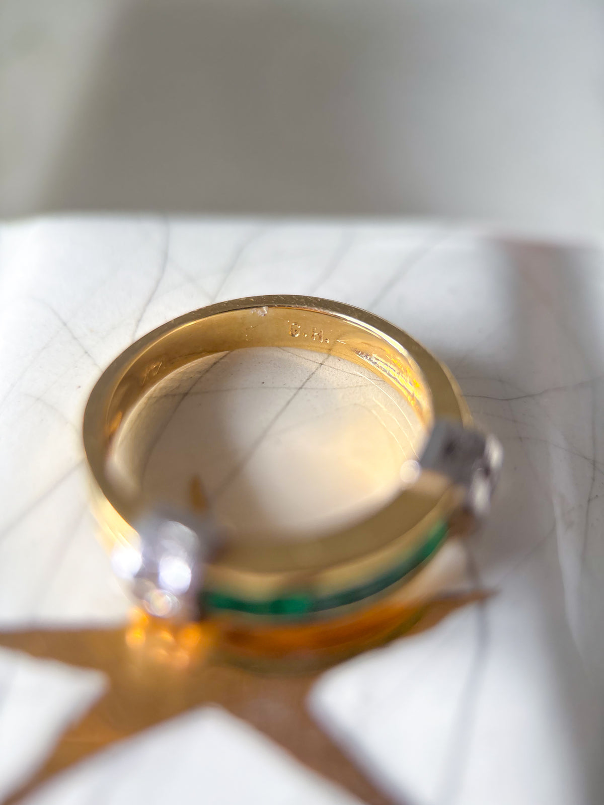 Vintage Natural Emerald and Natural Diamond Two Toned 14k Yellow and White Gold Band