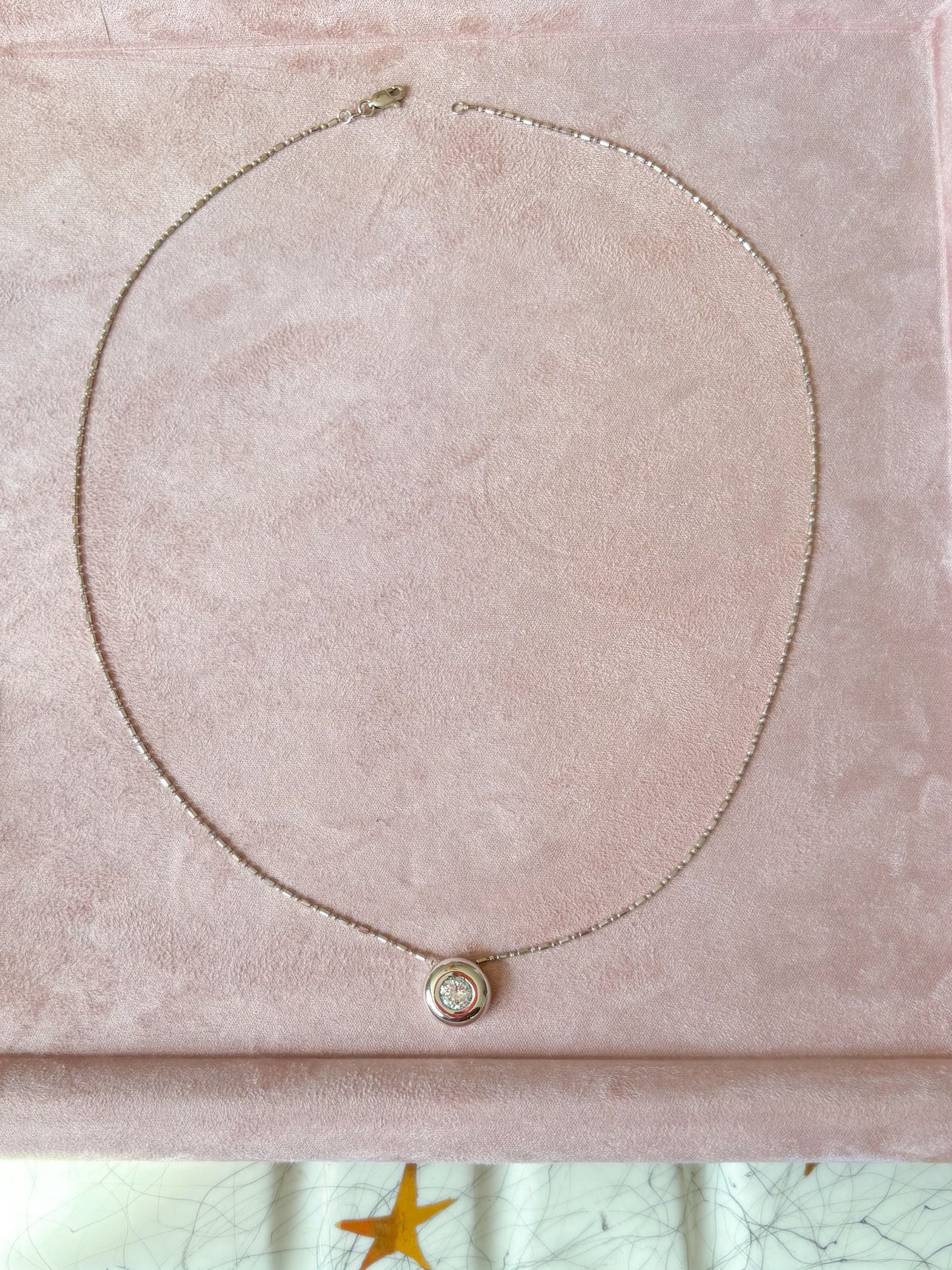 Vintage Bezel Set Natural Diamond Pendant 14k White Gold Charm with Ball Chain