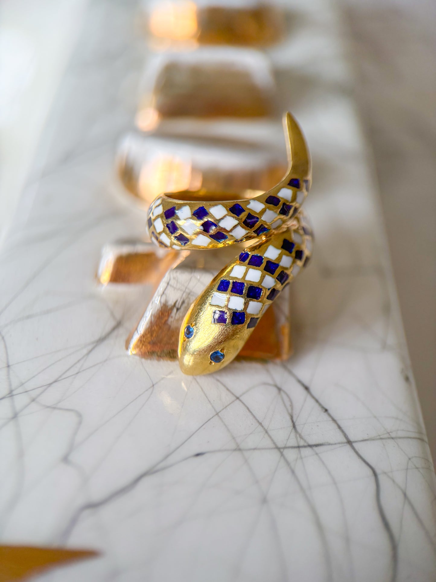 Vintage Enamel and Natural Sapphire 18k Yellow Gold Snake Ring, Size 3 1/4, circa 1960s