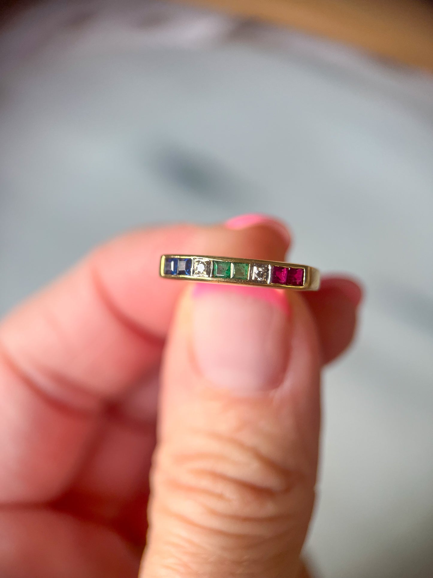 Vintage Natural Diamond, Ruby, Emerald and Sapphire 14k Yellow Gold Ring