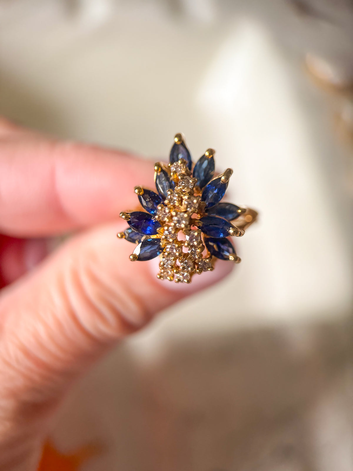 Vintage Natural Sapphire and Diamond Cluster 14k Yellow Gold Ring