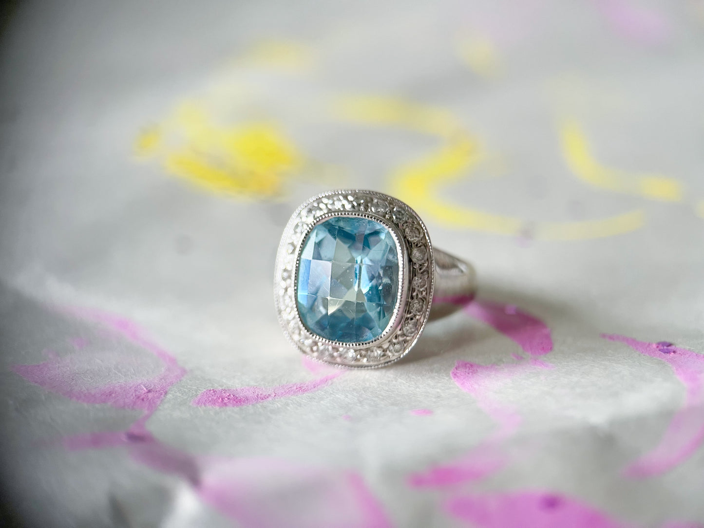 Vintage Natural Aquamarine Cushion Cut and Diamond 18k White Gold Ring