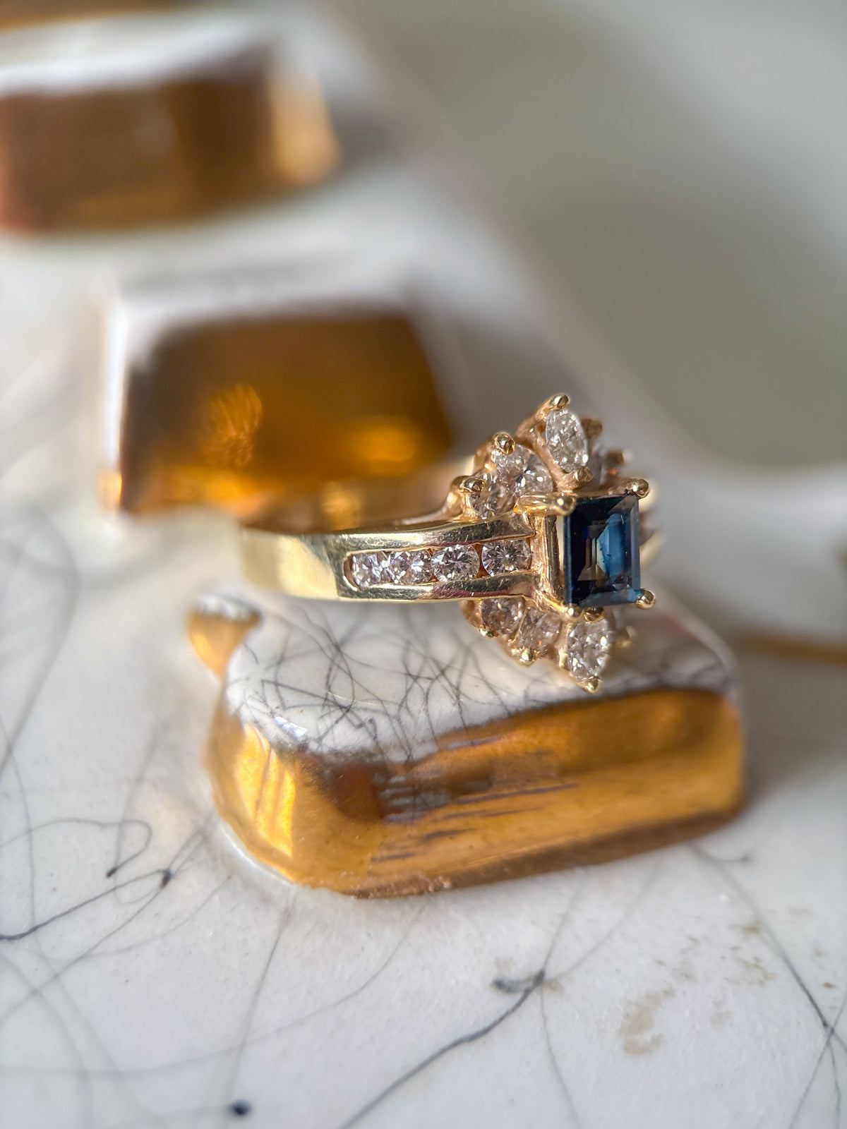 Vintage Emerald Shape Natural Sapphire and Diamond 14k Yellow Gold Ring