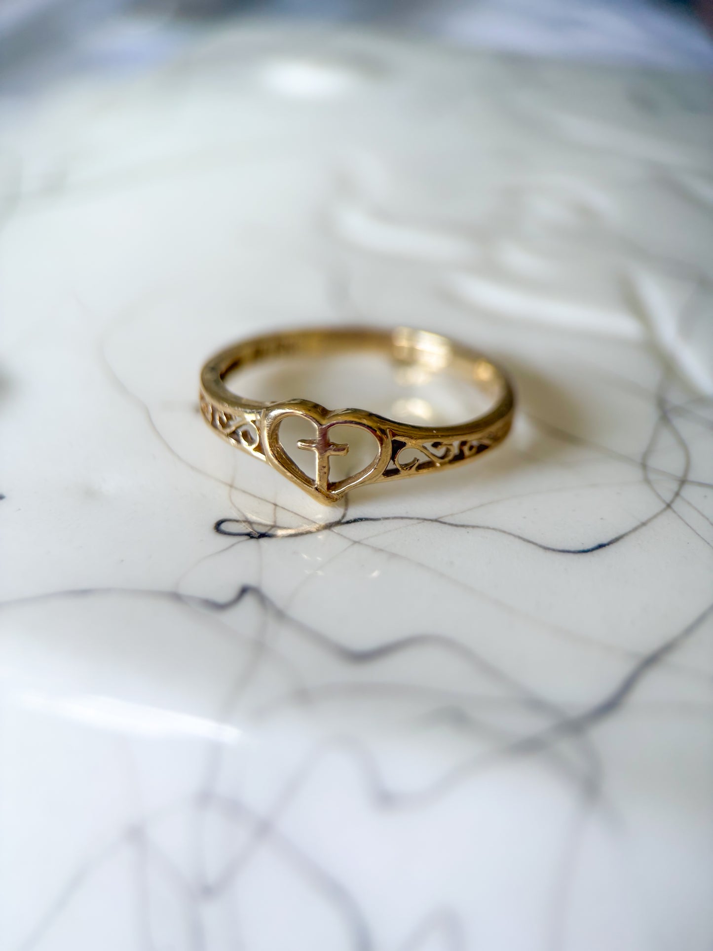 Vintage Heart and Cross 10k Yellow Ring