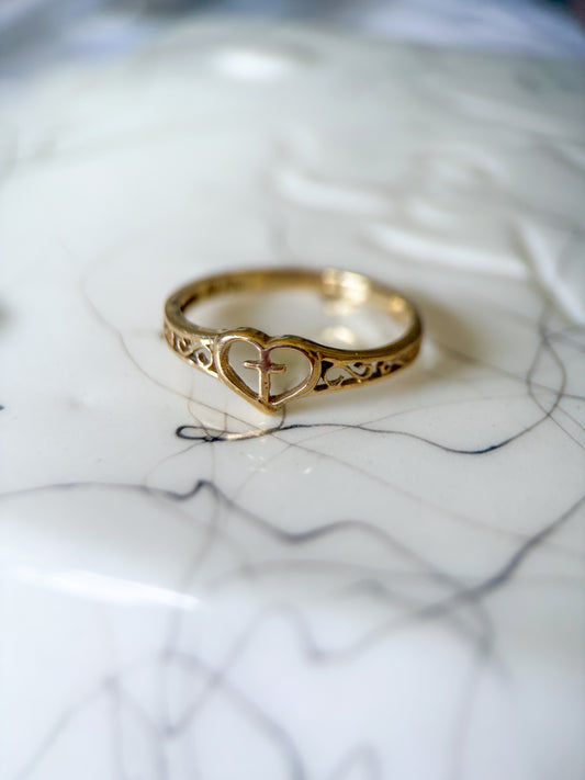 Vintage Heart and Cross 10k Yellow Ring