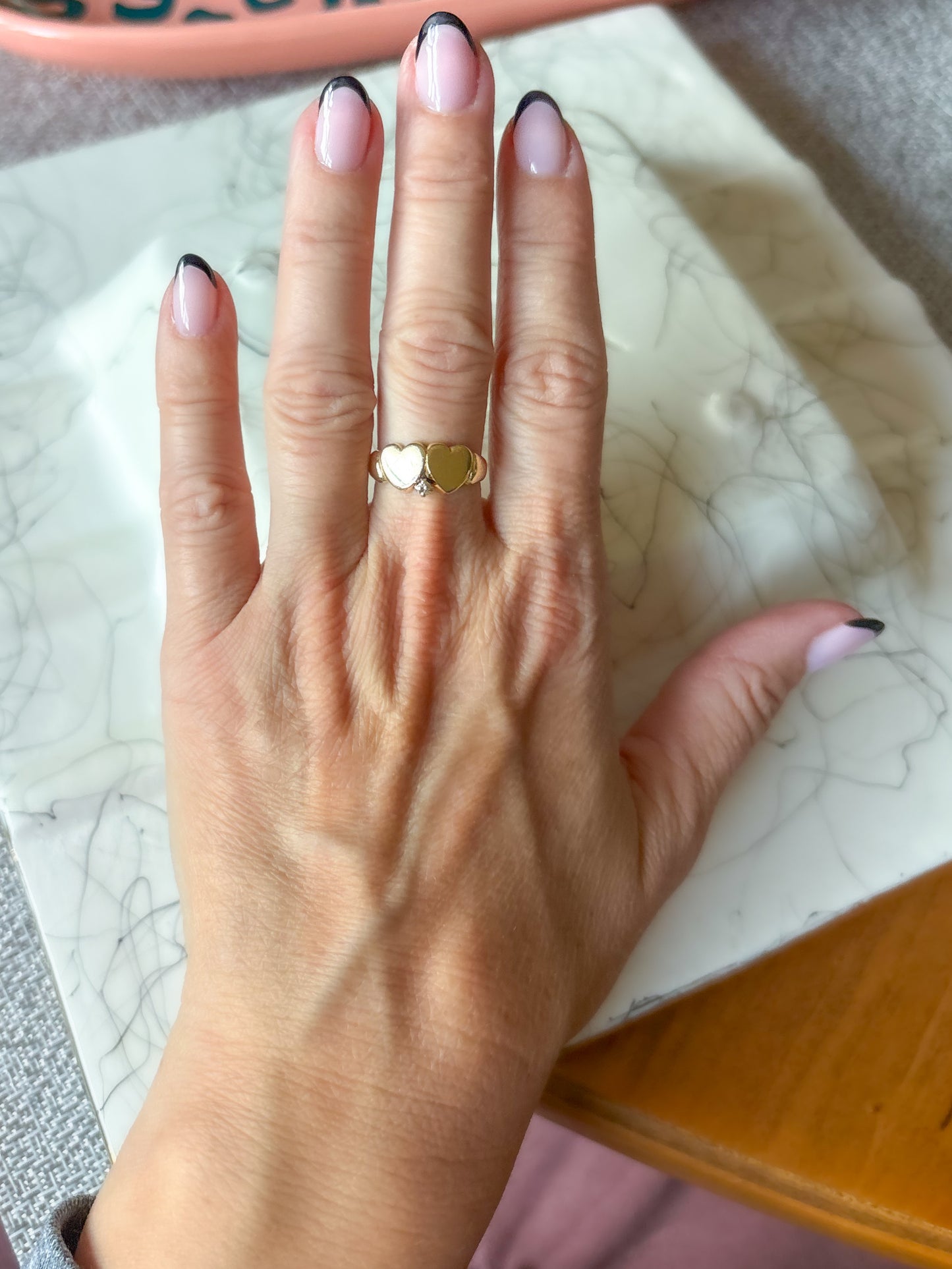 Vintage Double Heart with Natural Diamond 14k Yellow Gold Ring