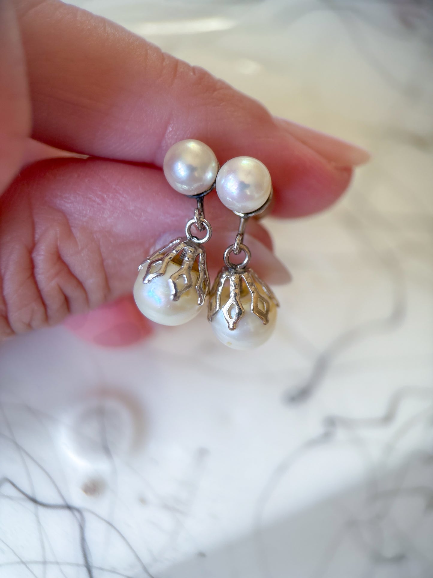 Vintage Pearl 14k White Gold Dangle Earrings