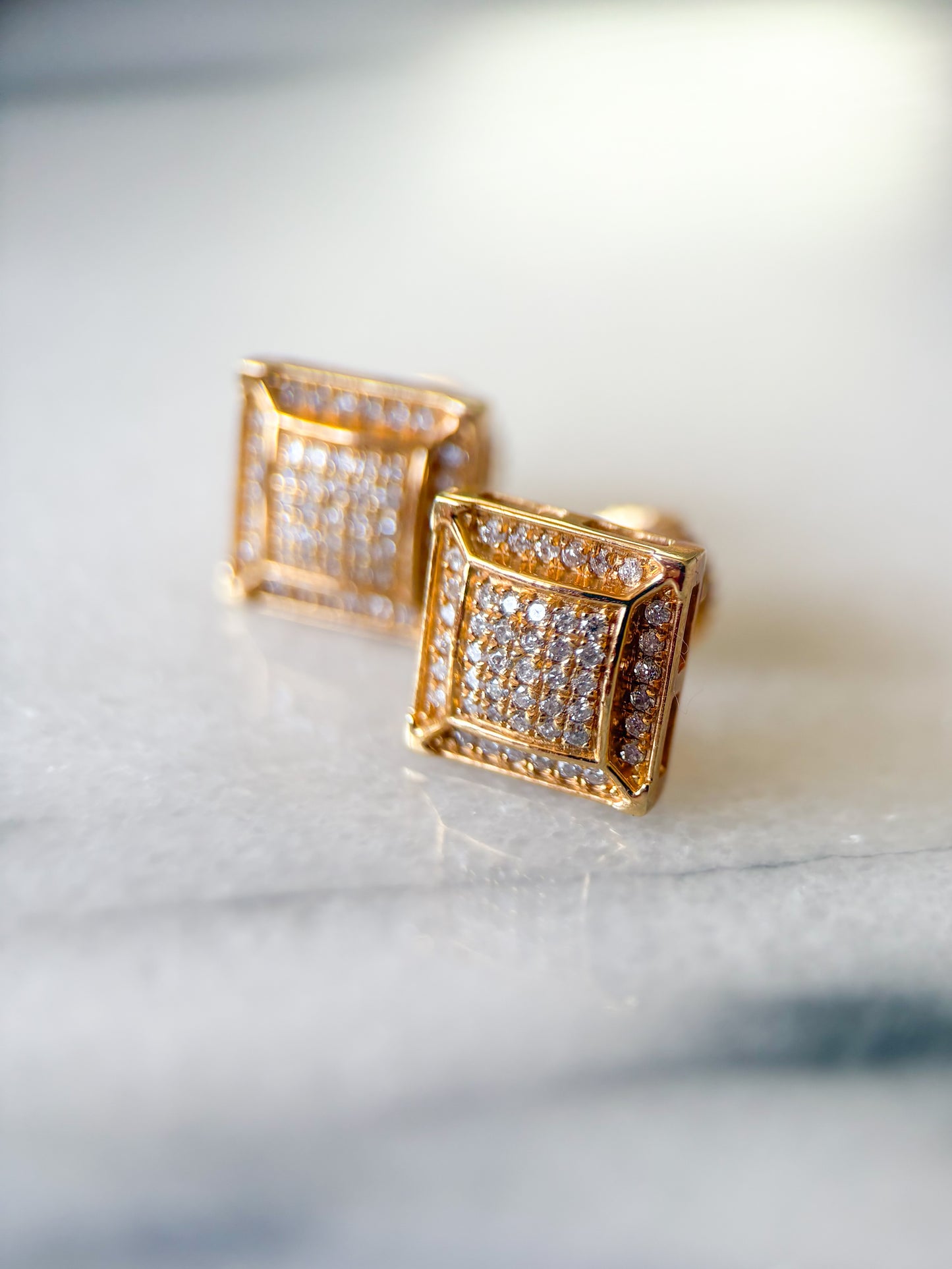 Vintage Natural Diamond 14k Yellow Gold Square Stud Earrings