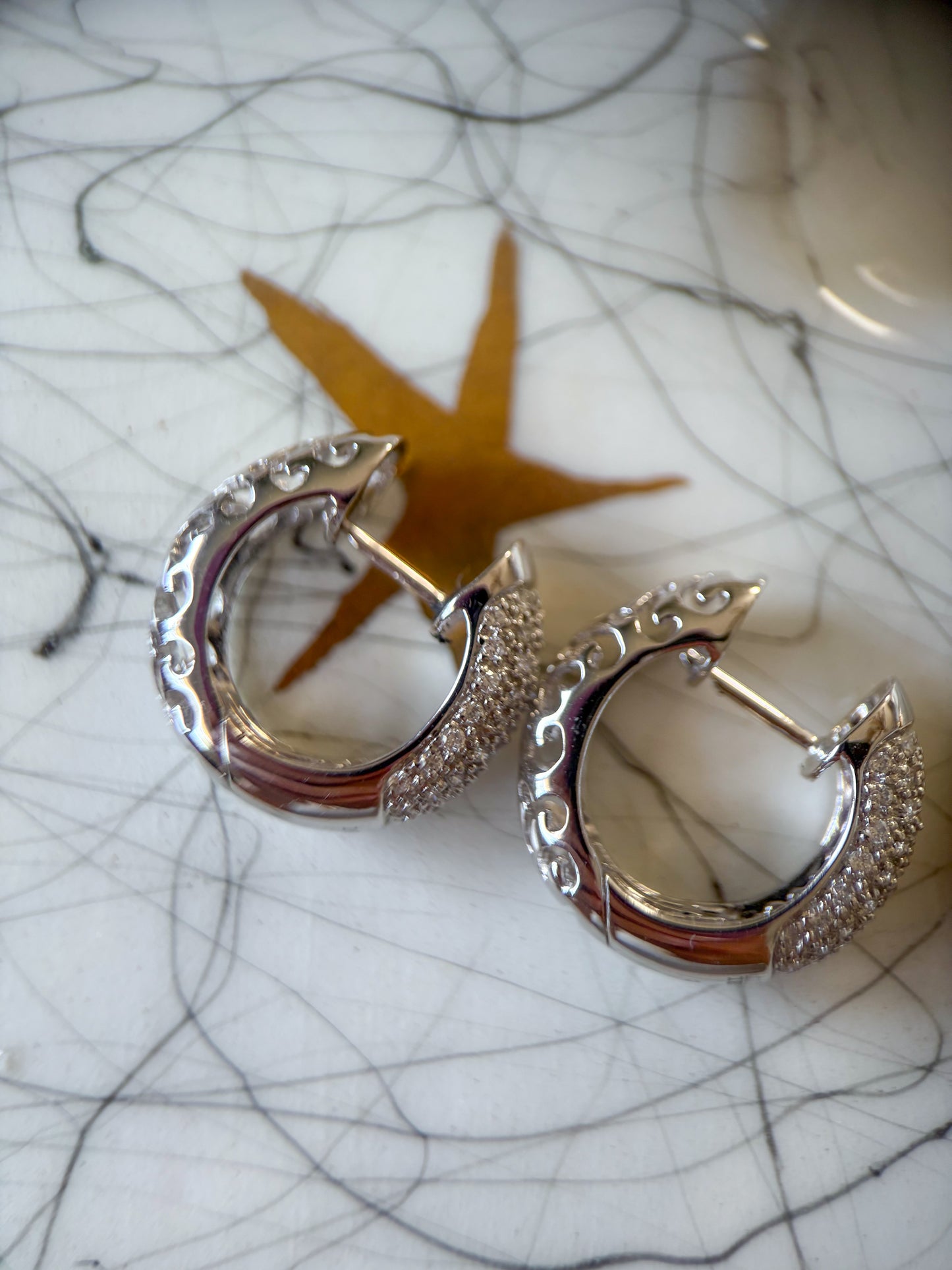 Natural Diamond Encrusted 18k White Gold Puffy Huggie Earrings