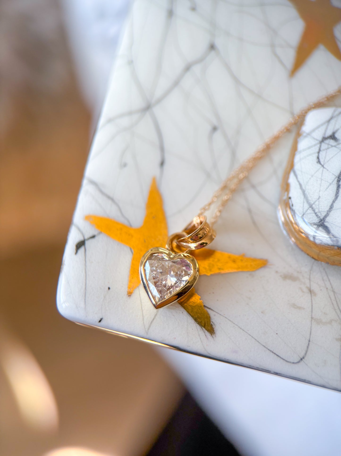 Vintage Bezel Set Natural Heart Shaped Diamond with 14k Yellow Gold Chain