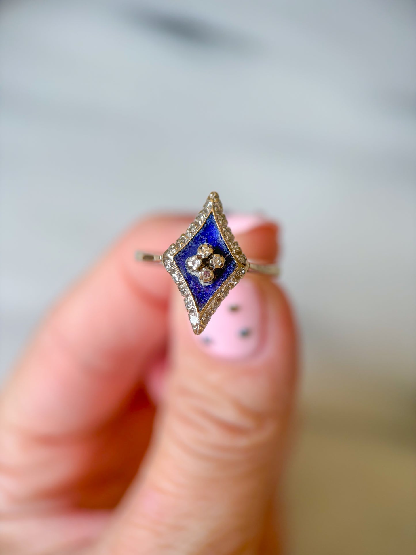 Vintage Enamel and Natural Diamond 10k White Gold Statement Ring