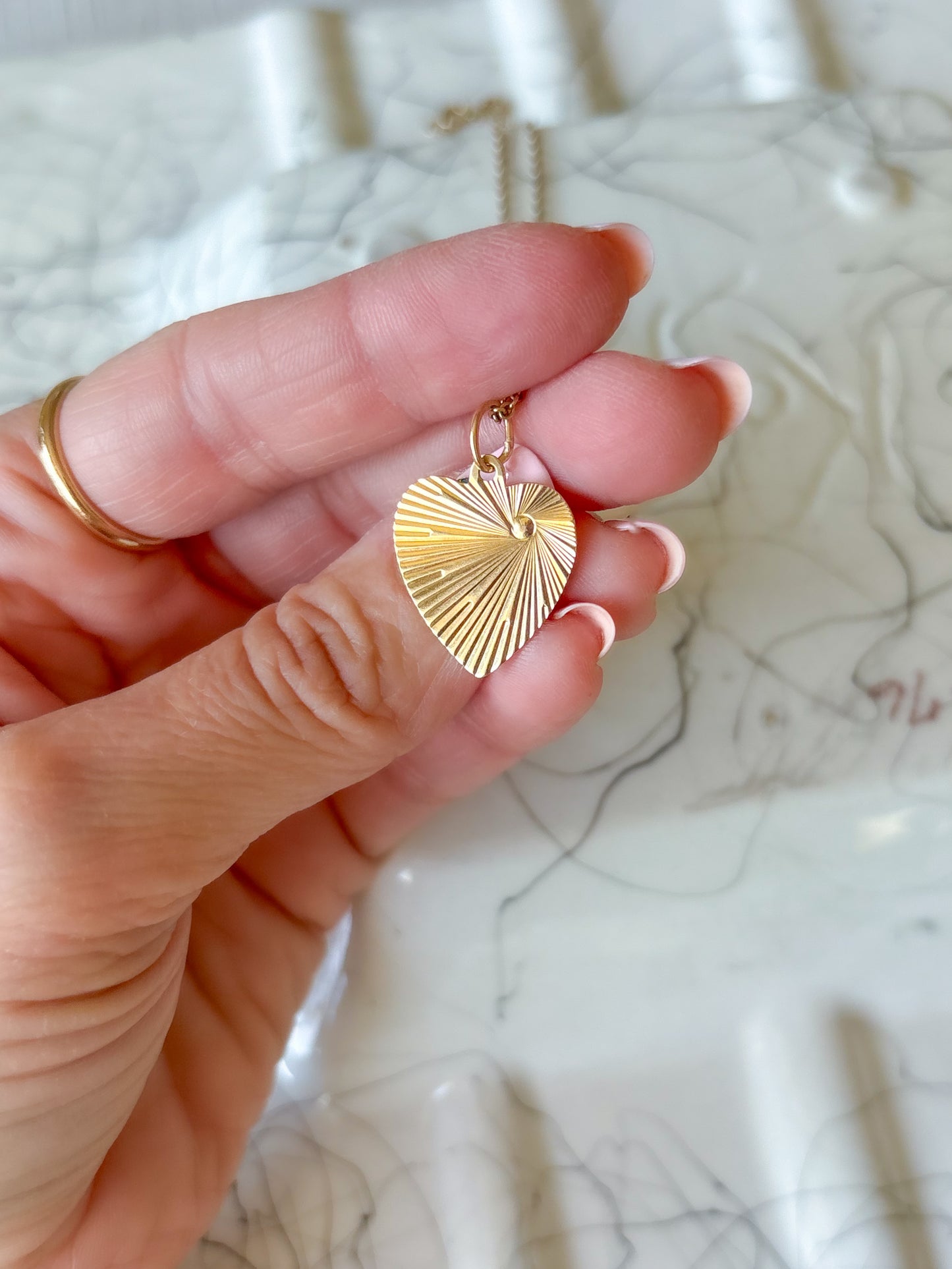 Vintage Engine Turned Heart 14k Yellow Gold Charm, Engraved: "Remember thou keep holy the Sabbath day"