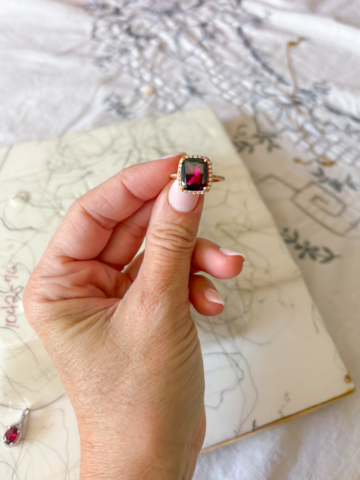 Vintage 14k Rose Gold Natural Rhodolite and Diamond Ring