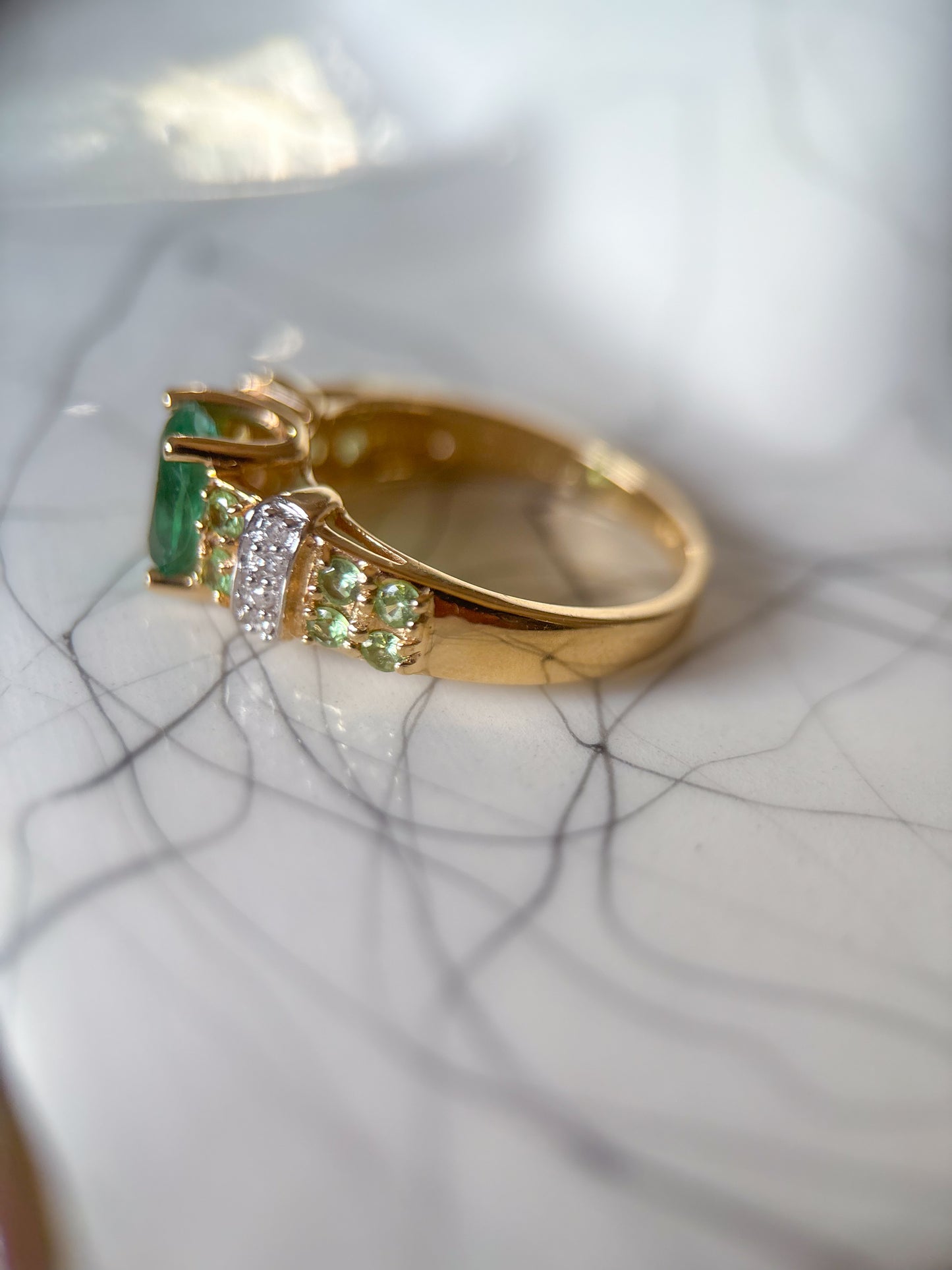 Vintage 14k Yellow Gold Green Stone and Natural Diamond Ring