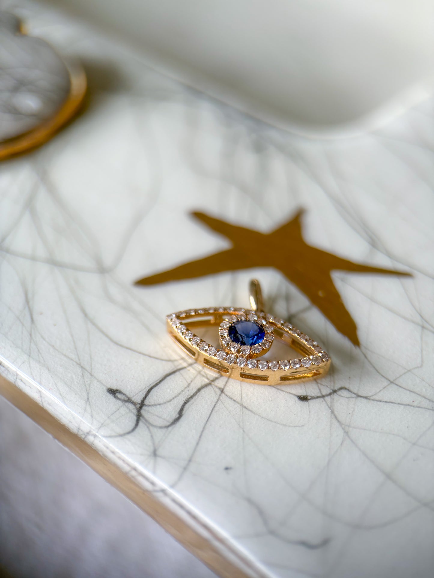 Natural Diamond and Sapphire Evil Eye 14k Yellow Gold Charm