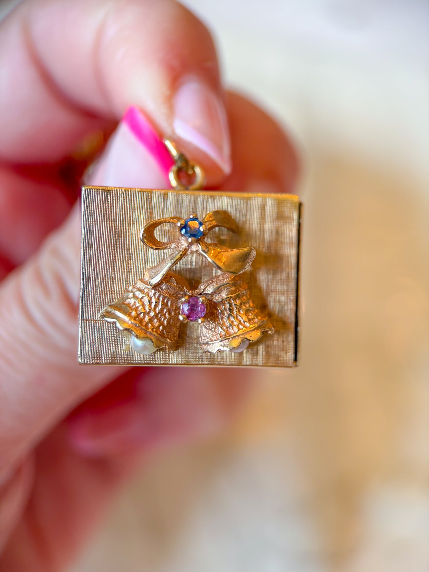 Vintage Music Box 14k Yellow Gold and Pearls Ruby and Sapphire, circa 1950s