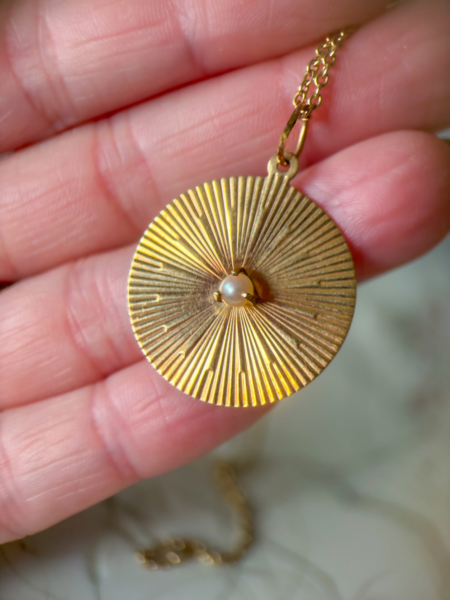 Vintage Engine Turned Disk with Pearl 14k Yellow Gold Charm