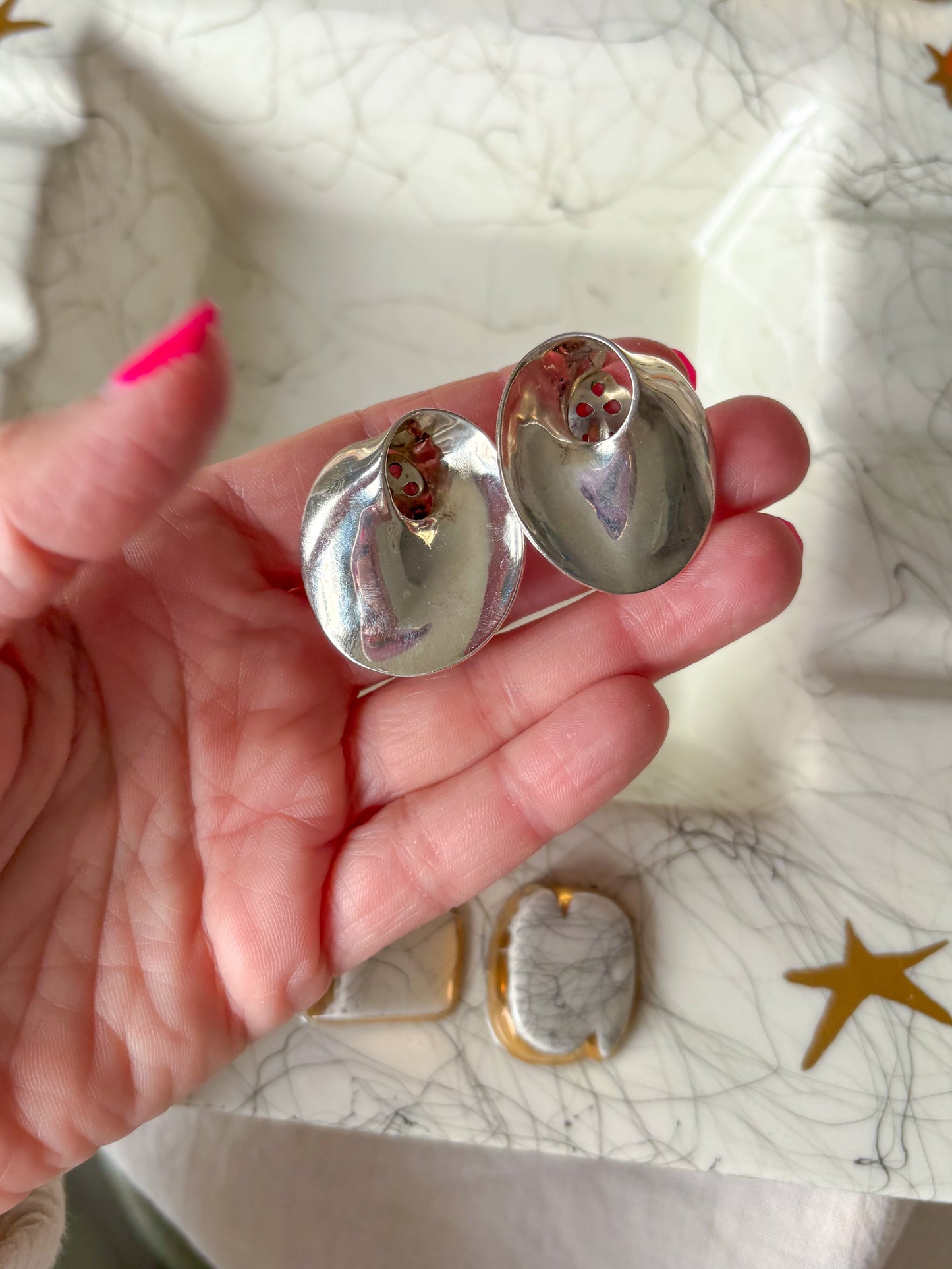 Vintage Sterling Silver Large Clip On Earrings, circa 1970s