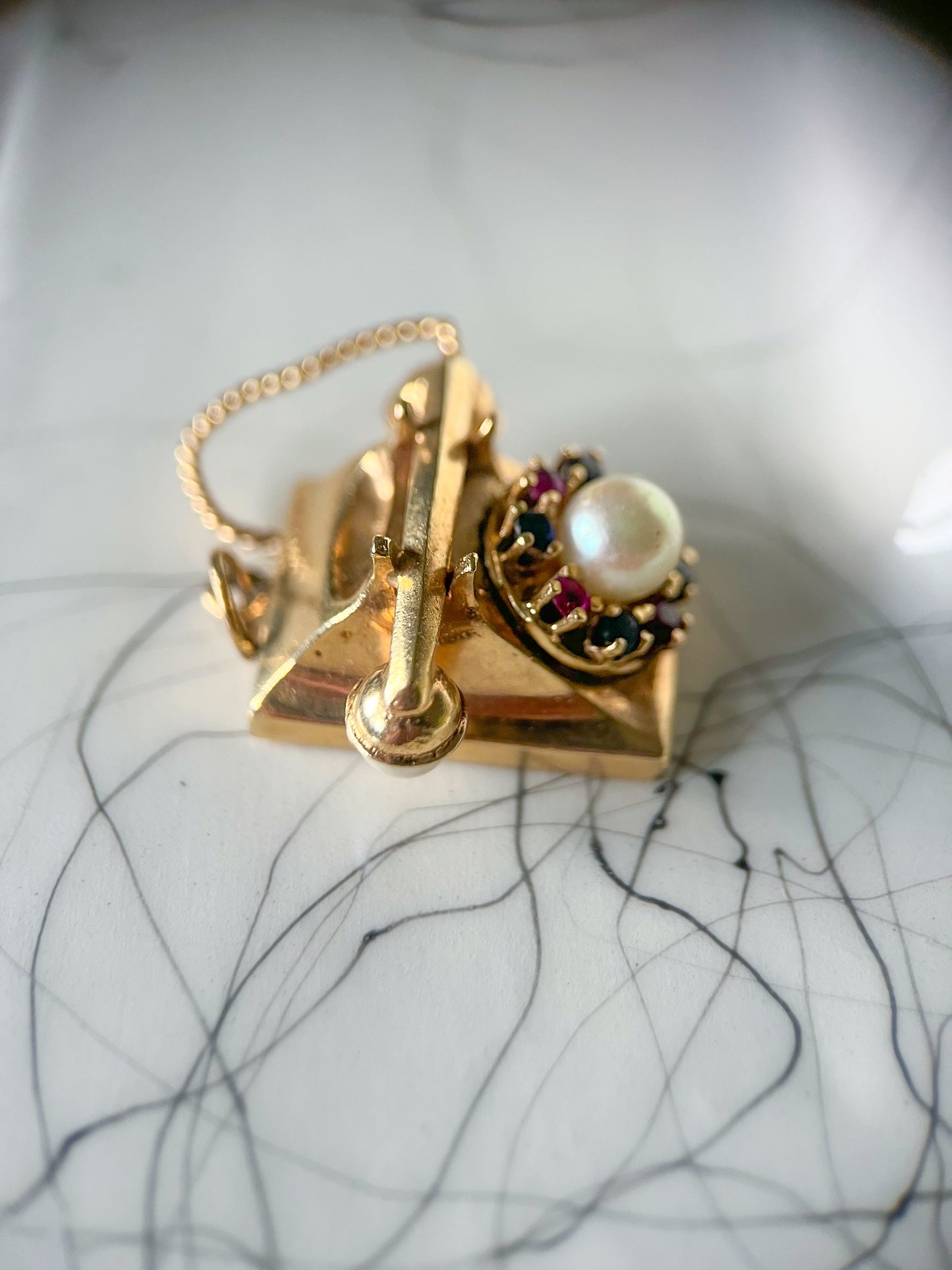Vintage Telephone with Gemstones and Pearls 14k Yellow Gold Charm, circa 1950s