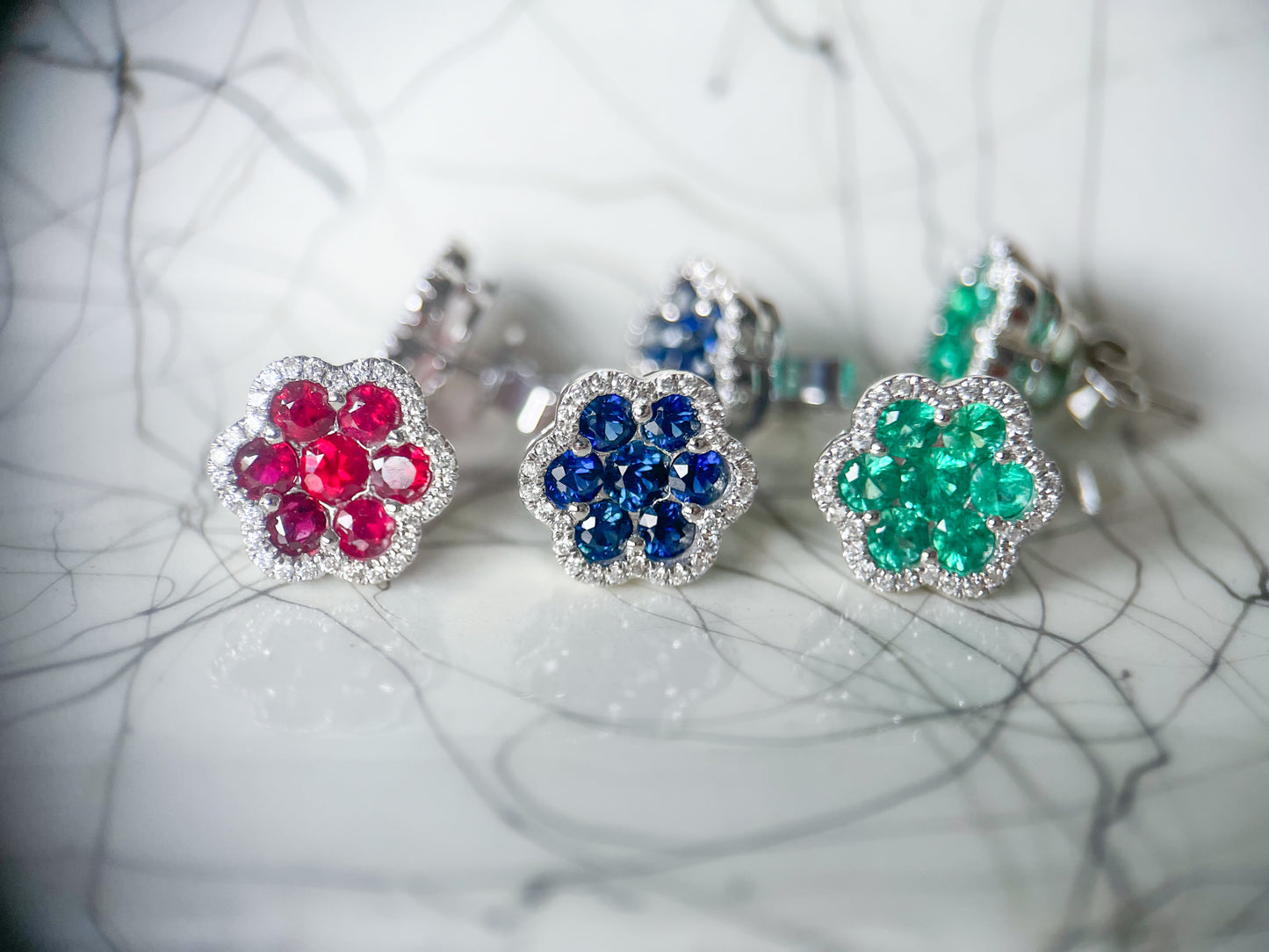 Natural Ruby, Sapphire, Emerald and Diamond 14k White Gold Stud Earrings